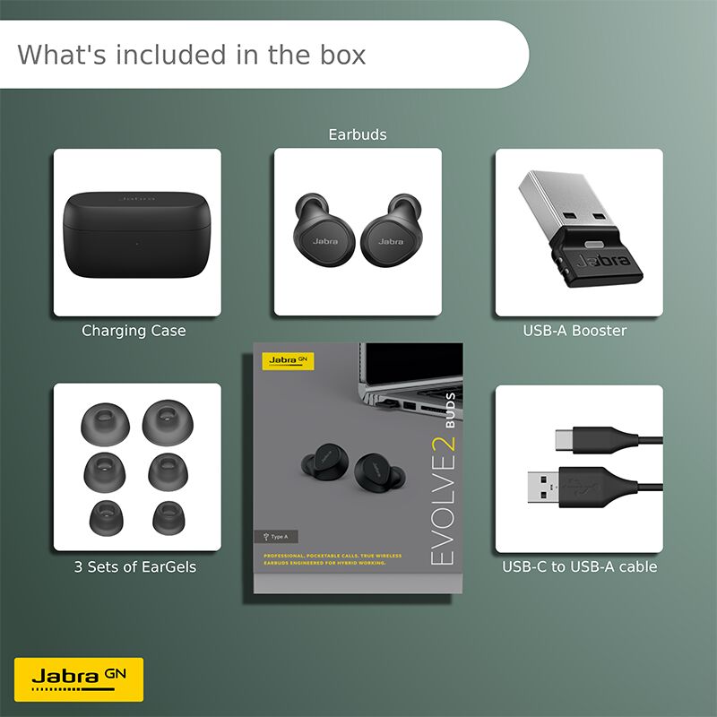 JABRA Evolve2 Buds Wireless Earbuds - UC Certified - Active Noise Cancelling - 33hr Battery - USB C