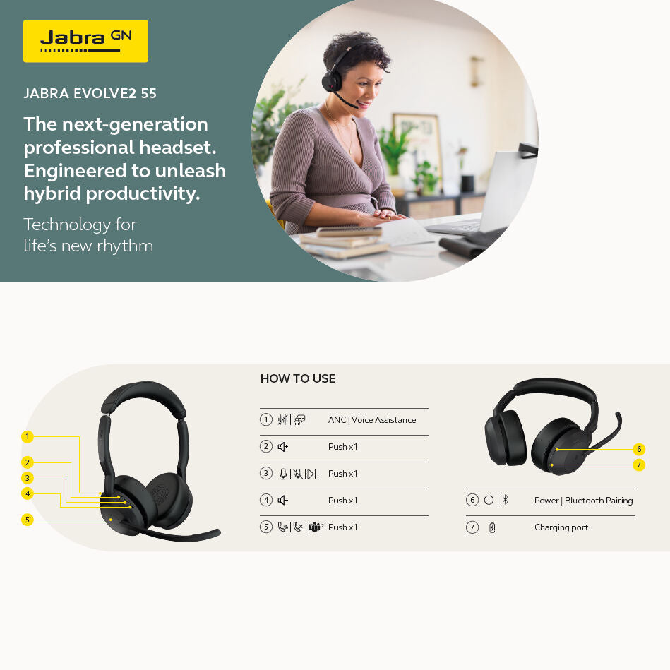 JABRA Evolve2 55 Stereo + Charging Stand - Wireless Headset - Microsoft Teams & Open Office Certified - Active Noise Cancelling - 30m Range - USB A