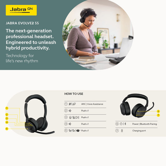 JABRA Evolve2 55 Stereo + Charging Stand - Wireless Headset - Microsoft Teams & Open Office Certified - Active Noise Cancelling - 30m Range - USB A