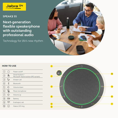 JABRA Speak2 55 Wireless SpeakerPhone - UC Certified - Noise Cancellation Duplex Audio Voice Normalization - USB C + A
