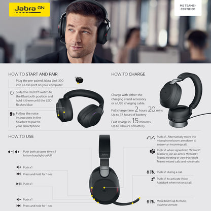 JABRA Evolve2 85 Stereo Wireless Headset - Microsoft Teams & Open Office Certified - Active Noise Cancelling Spatial Audio - 30m Range - USB A